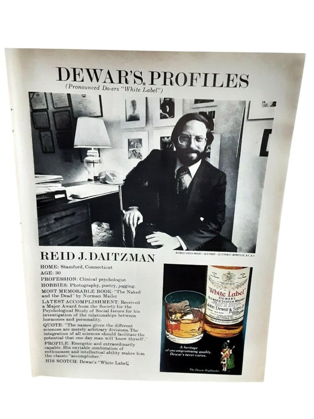 1978 Dewar's White Label Scotch Reid J Daitzman Vintage Print Ad Psychologist